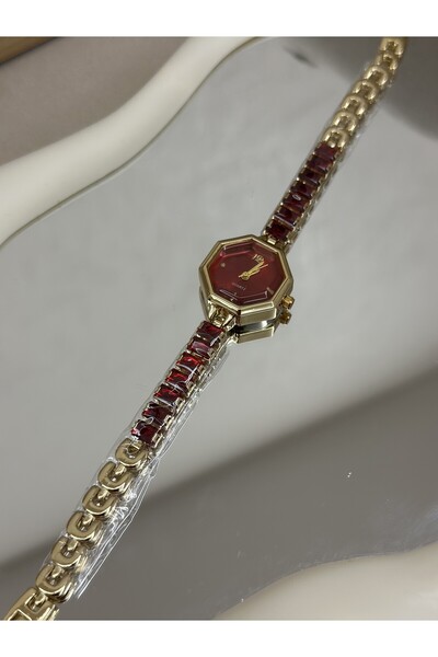 ela jewelry Sekizgen Bordo Kadranlı Bordo Taşlı Gold Kordon Kadın Kol Saati