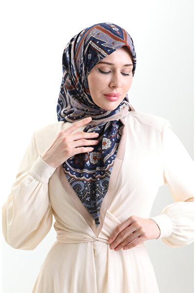 sefamerve Karaca Patterned Cupra Scarf 82013-01 Mink Navy Blue