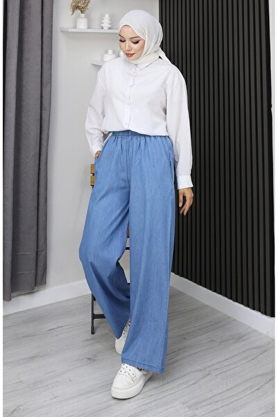 sefamerve Soft Textured Elastic Waist Jeans 7568-06 Light Navy Blue