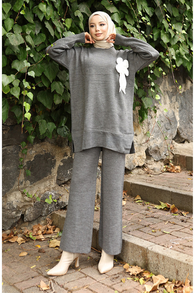 sefamerve Knitwear Floral Detailed Tunic Trousers Double Set 1028-05 Gray
