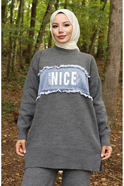 sefamerve Knitwear Jeans Paneled Tunic Trousers Double Suit 1094-03 Gray