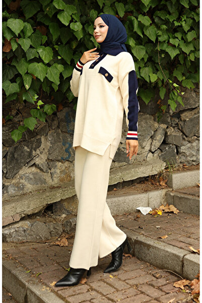 sefamerve Knitwear Polo Neck Tunic Trousers Double Suit 1048-02 Beige