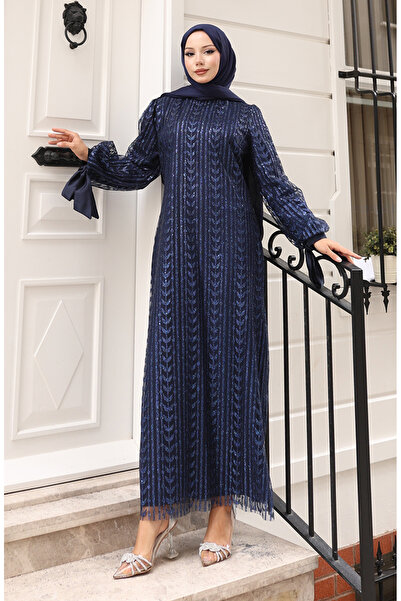 sefamerve Leaf Patterned Glitter Coated Evening Dress 5612-03 Navy Blue