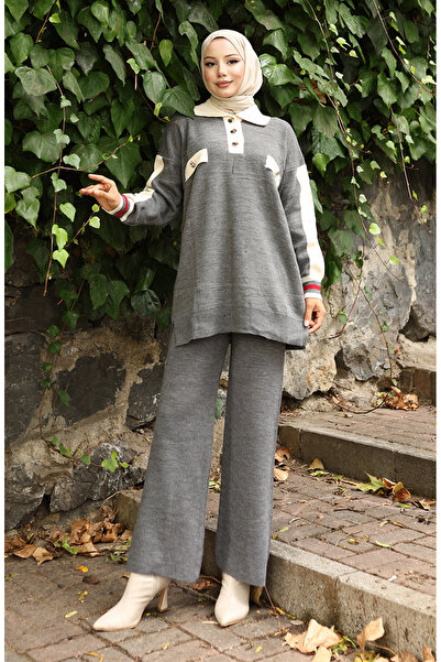 sefamerve Knitwear Polo Neck Tunic Trousers Double Suit 1048-08 Gray