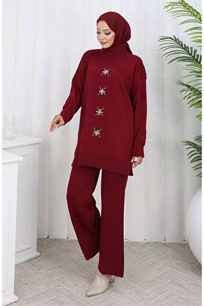 sefamerve Knitwear Pearl Embroidered Tunic Trousers Double Suit 1068-08 Burgundy