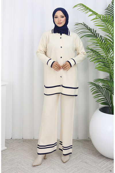 sefamerve Knitwear Polo Neck Buttoned Tunic Trousers Double Suit 1108-04 Beige