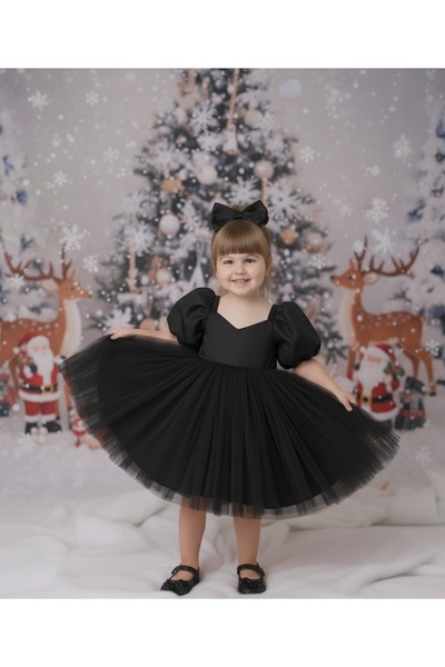 Tinypeople فستان سهرة توتو للفتيات بأكمام بالون سوداء، فستان سهرة للأطفال، فس...