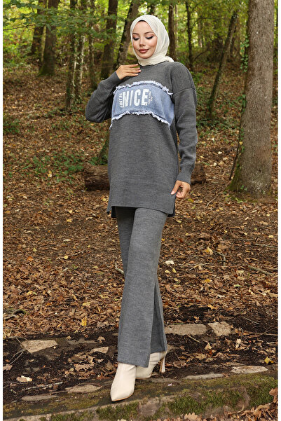 sefamerve Knitwear Jeans Paneled Tunic Trousers Double Suit 1094-03 Gray