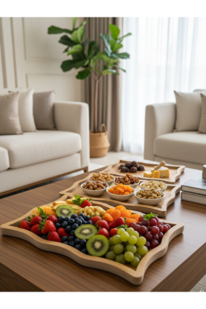 HomeBasics 3 Parça Ahşap Sunumluk Servis Tepsisi Dikdörtgen