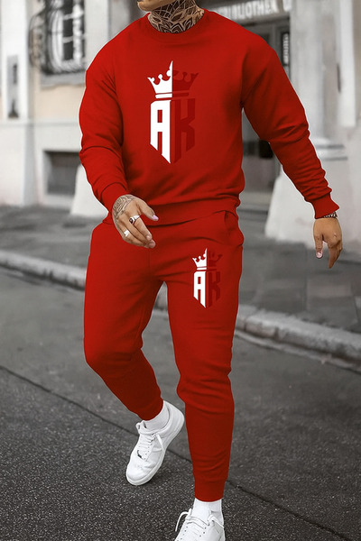 CLASSY.MODA Men's 3 Thread Ş Fleece-Lined Tracksuit Set Ak Taç B Printed O Oversized Sweatshirt and Jogger Pants