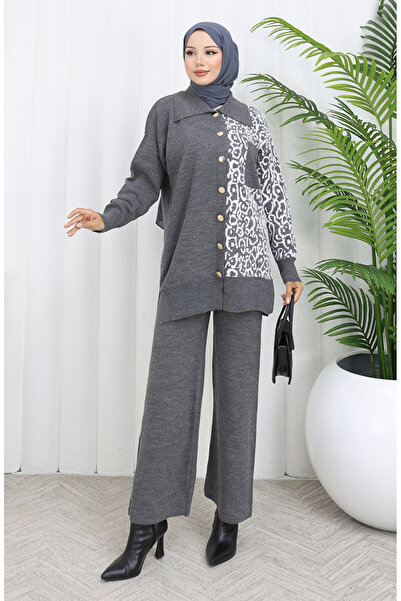 sefamerve Tricotaj cu secțiuni Pantaloni tunică cu nasturi Set dublu 1078-06 Gri