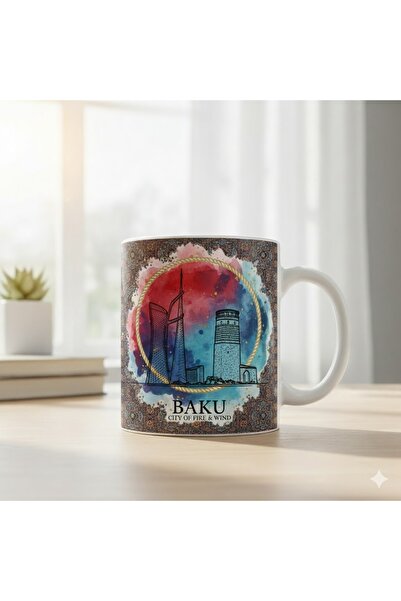 Marblestone Baku Silhouette: Flame Towers and Maiden's Tower Illustration Art Porcelain Mug