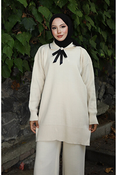 sefamerve Knitwear Ribbon Detailed Tunic Trousers Double Set 1064-03 Beige