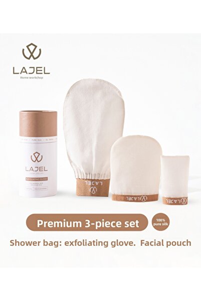 Lajel مجموعة فاخرة من 3 قطع: كيس استحمام أبيض، قفاز تقشير، كيس وجه من الحرير الناعم للبشرة العادية والمتوسطة والحساسة
