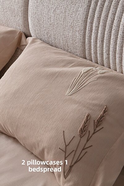 BUGİ HOME COLLECTİON Willow Breeze Pattern Double Size Embroidered Bedspread Set Chenille Fabric Punch Embroidered 240X260Cm