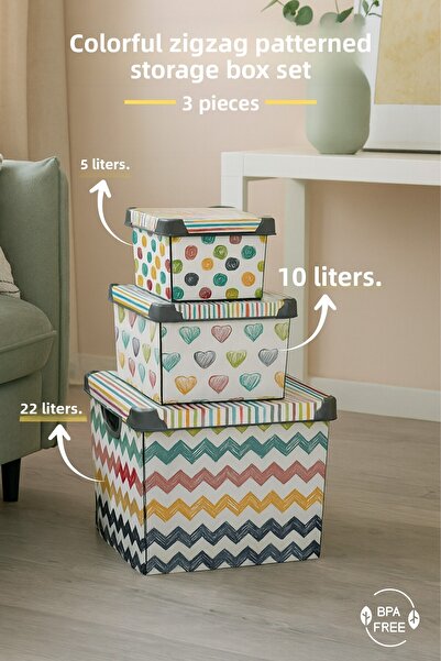 Nandy Home Colorful Zigzag Patterned Set of 3 Storage Boxes with Lids 5L-10L-22L