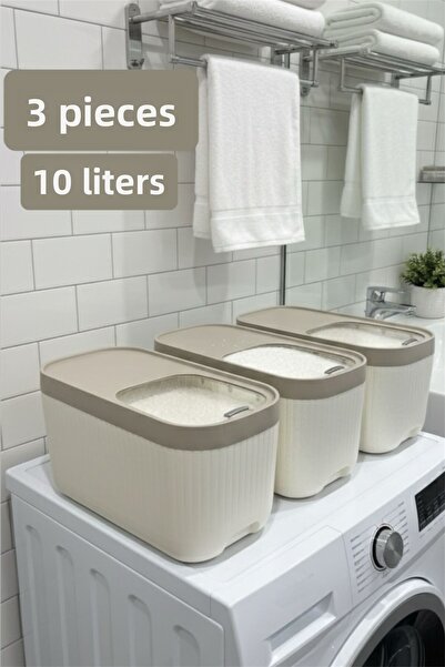 Bayev 3 Pieces of Cream 10-Liter Sliding Lid Detergent Container - Wheeled Food Storage Box with Scale
