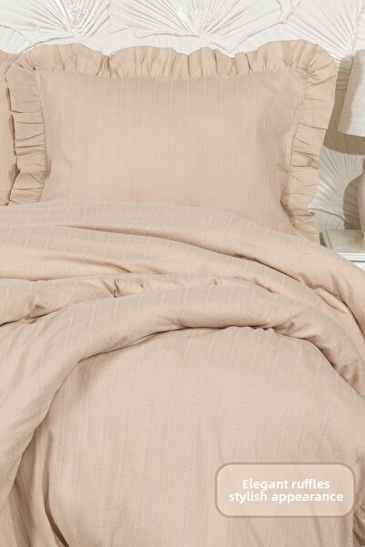 Elart Romantic Duvet Cover Set Double Size 100% Cotton Ranforce Fitted Sheet (200X220 cm) Beige