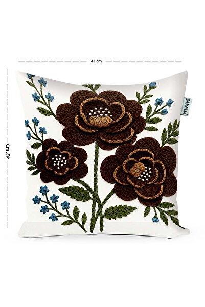 Sakallı Handcrafted Look Brown Floral Patterned 3D Digital B Printed Decorative Throw Pillow Case