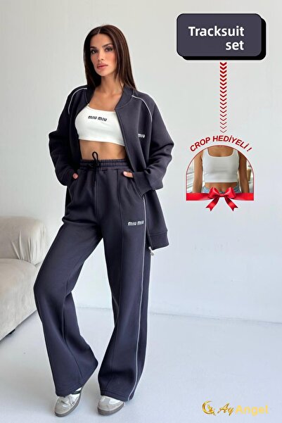 AYMELEK Women's Tracksuit Set 3 Thread Ş Fleece-Lined Winter (with Crop Gift) Bottom-Top Set