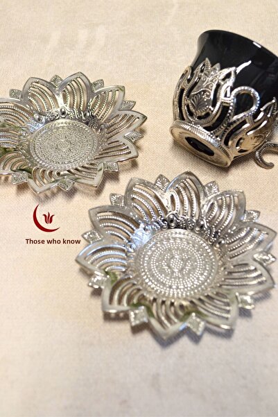 Bilenler Set of 2 Silver Patterned Zamzam Set and Coffee Cup Set | Stylish Presentation with Metal Plate and Cup Coaster