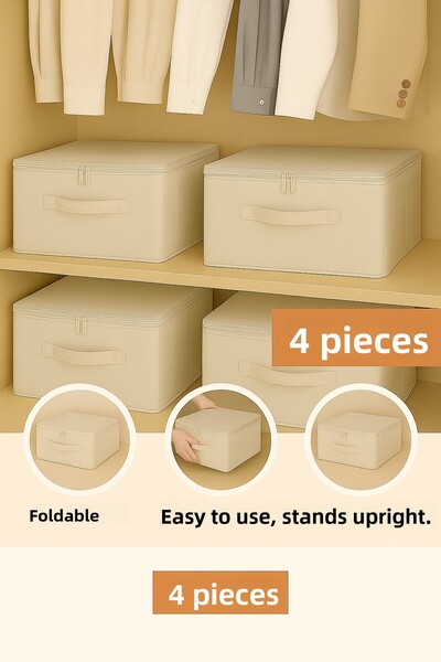 Ekici home textile 4-Piece Beige Fabric Closet Organizer Box - 30X30X30 cm Foldable Multi-Purpose Storage Box