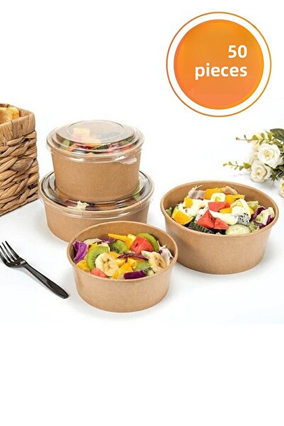 Akabe Ambalaj Kraft Cardboard Salad Bowl with Lid 750cc 50 Pieces