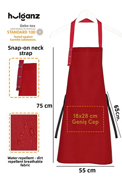 Hulganz Kitchen Apron Stain Resistant Water Repellent Fabric Red Apron with Snap Fasteners and Neck Strap