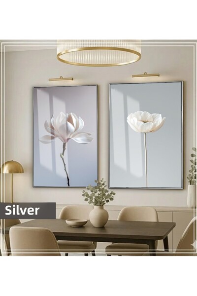 Harikabirev HARİKABİREV | MOLECULARE |   COMBINAT DE FLORI ALB-ALBASTRU | TABLO DE STICLA CU CADRU 2 PIESE VERTICAL