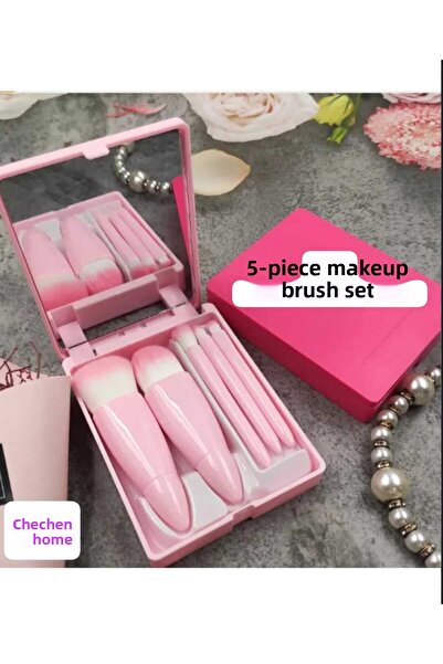 ÇEÇEN HOME مجموعة فرش مكياج مكونة من 5 قطع مع مرآة، مجموعة فرش محمولة في علبة (ظلال العيون، كريم الأساس، فرشاة أحمر الخدود)