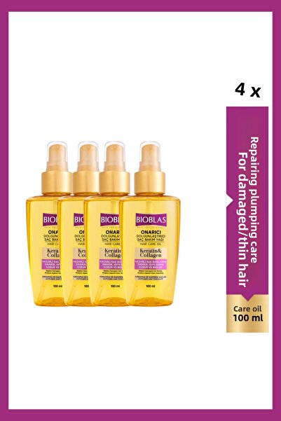 Bioblas Ulei de îngrijire a părului cu cheratina și colagen, reparator și volumizant, 100 ml, pentru păr fin deteriorat, 4 bucăți