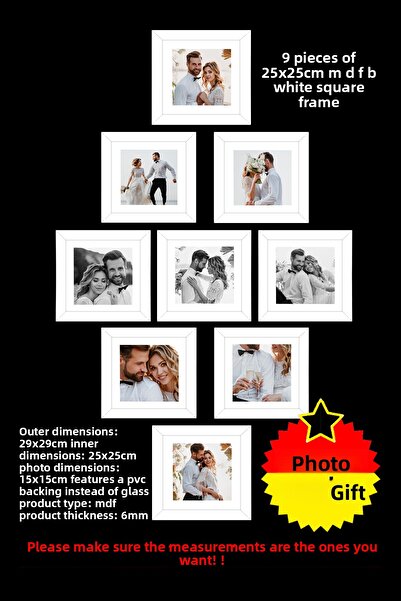 Bytwo 9 bucăți 25x25 cadru - cadru pătrat - cadru alb MDF - set de rame foto multiple