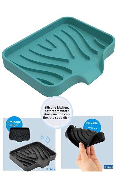 TİNEKE HOME Silicone Kitchen, Bathroom Flexible Soap Dish with Water Drain and Suction Cup Turquoise Color