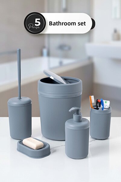 Homekolik 5 Piece Gray Plastic Bathroom Set – Trash Can, Toilet Brush, Liquid Soap Dispenser, Toothbrush Holder, Soap Dish