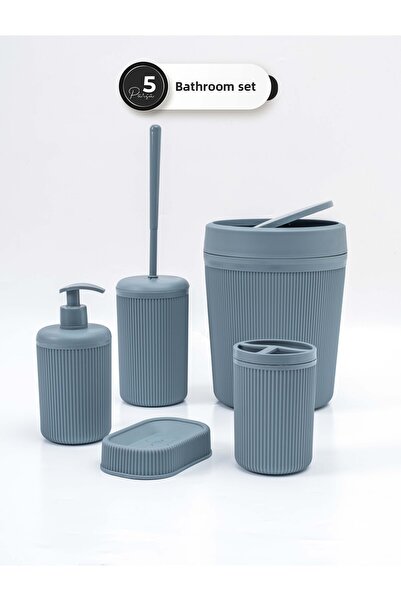 Homekolik 5 Piece Gray Plastic Bathroom Set – Trash Can, Toilet Brush, Liquid Soap Dispenser, Toothbrush Holder, Soap Dish