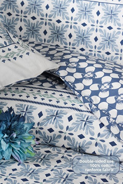 Elart Amanda Bedding Set King Size 100% Cotton Ranforce Fitted Sheet (240X220 cm) Blue