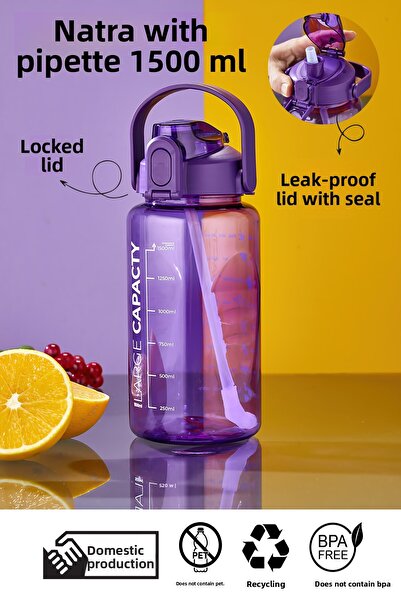 Mefa Mutfak زجاجة مياه بغطاء قفل وقشة – زجاجة مياه محمولة بمقبض – متوافقة مع ...