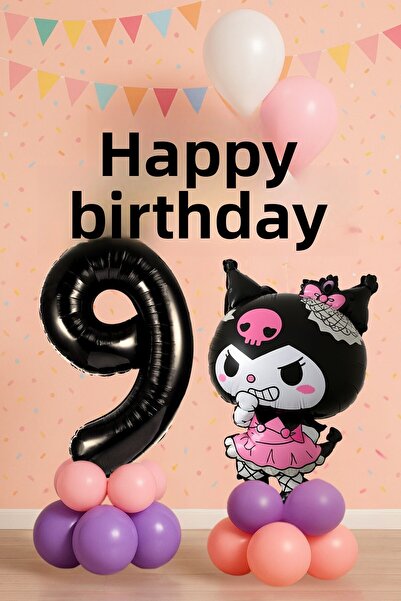 PARTİAVM Kuromi 9Th Birthday Balloon Set Sanrio Character Black Number Pink Purple Pastel Video Installation