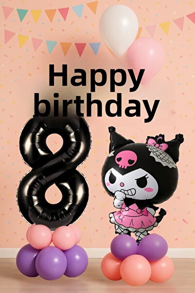 PARTİAVM Kuromi 8Th Birthday Balloon Set Sanrio Character Black Number Pink Purple Pastel Video Installation