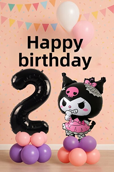 PARTİAVM Kuromi 2Nd Birthday Balloon Set Sanrio Character Black Number Pink Purple Pastel Installation with Video