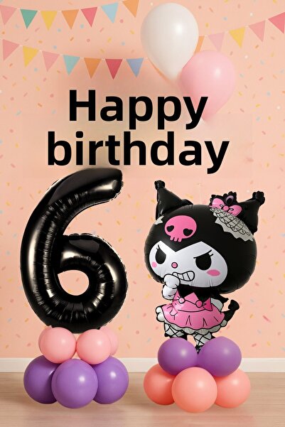 PARTİAVM Kuromi 6 Year Old Birthday Balloon Set Sanrio Character Black Number Pink Purple Pastel Installation with Video