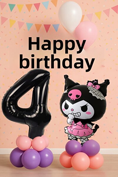 PARTİAVM Kuromi 4Th Birthday Balloon Set Sanrio Character Black Number Pink Purple Pastel Installation with Video