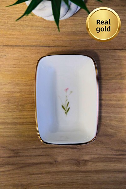 tabakevi Tabak Evi Porcelain Natura Broadcloth Gold Gilded Rectangular Boat Plate 12X8.50Cm Single