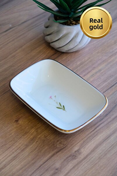 tabakevi Tabak Evi Porcelain Natura Broadcloth Gold Gilded Rectangular Boat Plate 14X9,8Cm Single