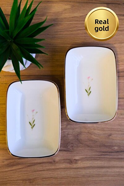 tabakevi Tabak Evi Porcelain Natura Broadcloth Gold Gilded Rectangular Boat Plate 12X8,50Cm 2 Pcs