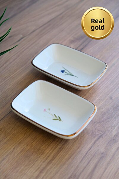 tabakevi Tabak Evi Porcelain Natura Mixed Gold Gilded Rectangular Boat Plate 12X8,50Cm 2 Pieces