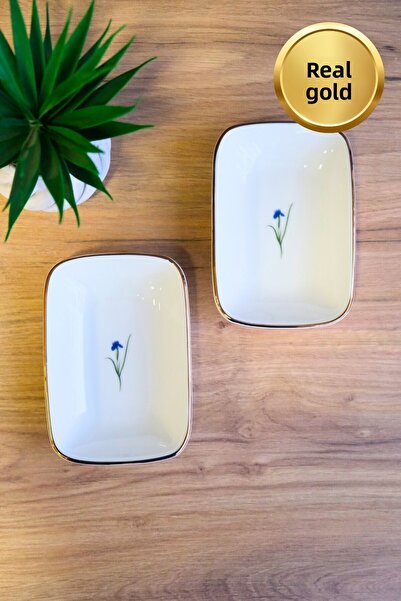 tabakevi Tabak Evi Porcelain Natura Iris Gold Gilded Rectangular Boat Plate 12X8,50Cm 2 Pcs