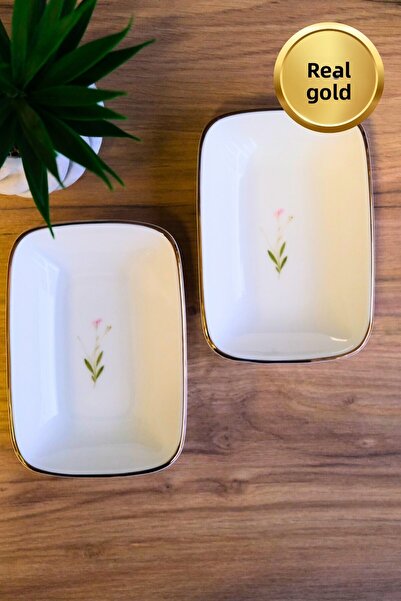 tabakevi Tabak Evi Porcelain Natura Broadcloth Gold Gilded Rectangular Boat Plate 14X9,8Cm 2 Pcs