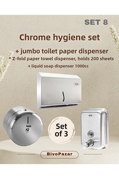 Palex 3-Piece Jumbo Hygiene Set Krom (Liquid Soap Dispenser + Jumbo Toilet Dispenser + Z-Fold Towel Dispenser)