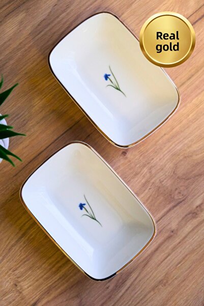tabakevi Tabak Evi Porcelain Natura Iris Gold Gilded Rectangular Boat Plate 12X8,50Cm 2 Pcs